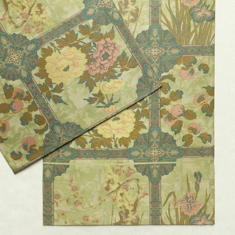 袋帯 紹巴萬葉 全通柄 フォーマル用 正絹 花柄 緑・うぐいす色_画像17