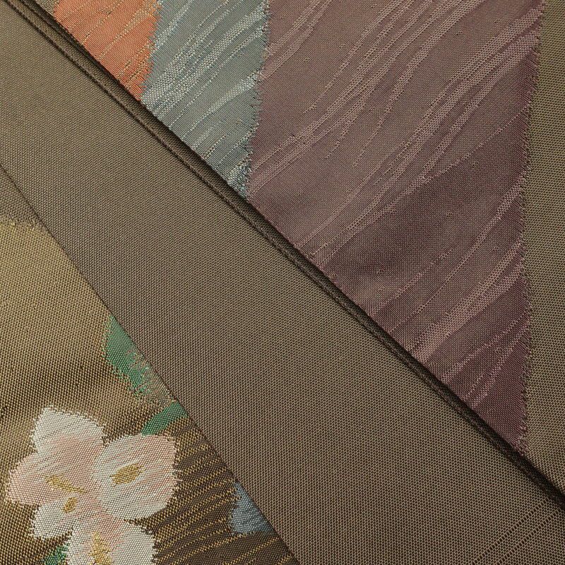 袋帯 太鼓柄 一般用 正絹 花柄 モダン 茶_画像30