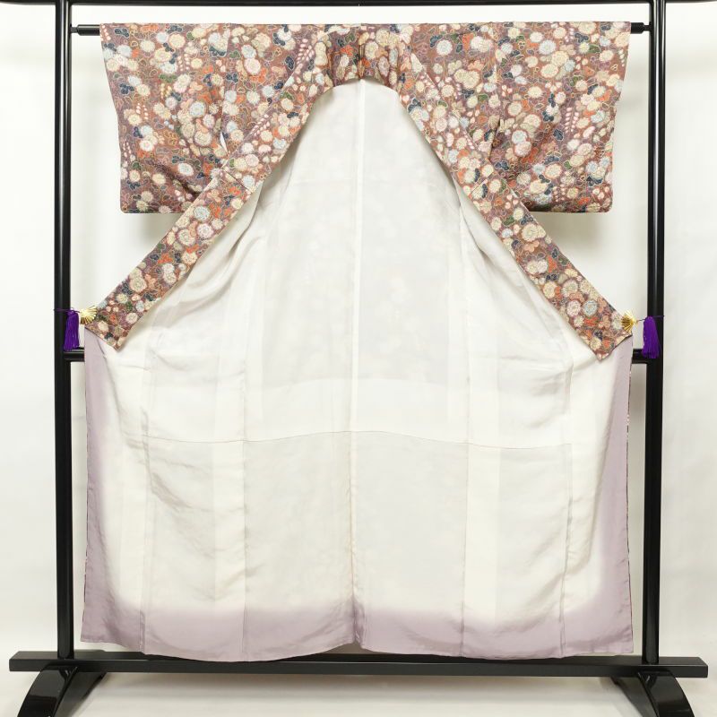 小紋 美品 絞り 総柄 正絹 金彩 花柄 袷仕立て 紫・藤色_画像3