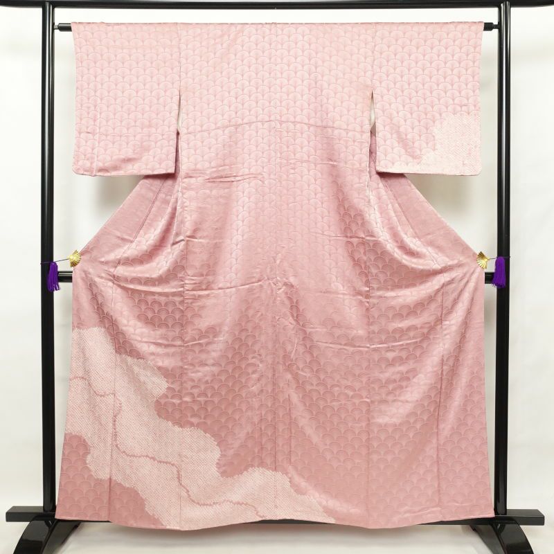 付け下げ 絞り 正絹 古典柄 青海波 袷仕立て ピンク_画像1