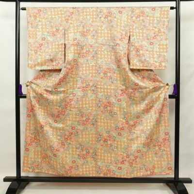 小紋 仕付け糸付き 総柄 正絹 花柄 袷仕立て 身丈154.5cm 裄丈63cm ベージュ