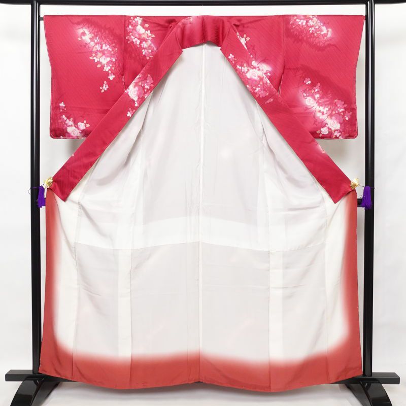 小紋 良品 しつけ糸付き 総柄 正絹 花柄 袷仕立て 赤・朱_画像3