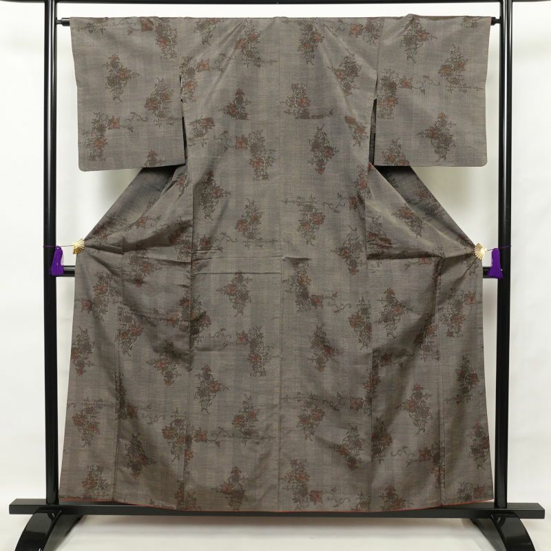 大島紬 身丈166cm 裄丈68.5cm L 袷 純泥染 色紙 手鞠 焦茶色 正絹 名品  