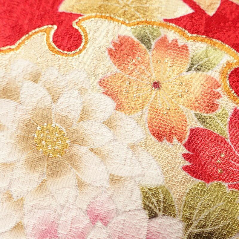 振袖 良品 綸子 正絹 刺繍 ラメ糸 金彩 花柄 袷仕立て 赤・朱_画像7