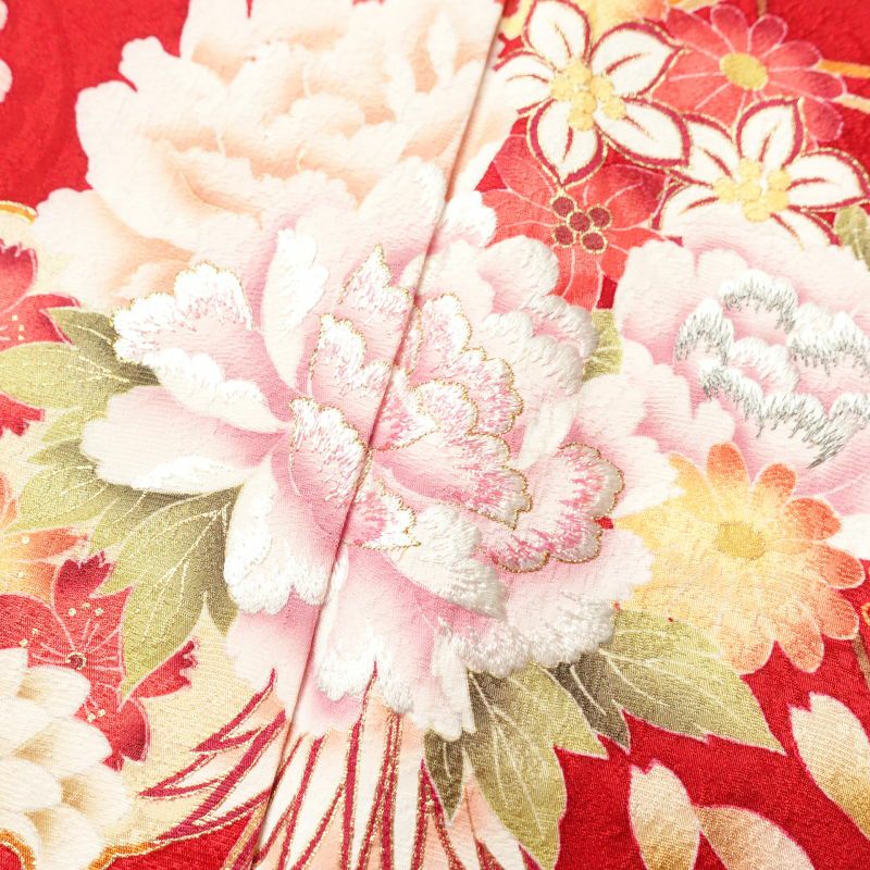 振袖 良品 綸子 正絹 刺繍 ラメ糸 金彩 花柄 袷仕立て 赤・朱_画像8