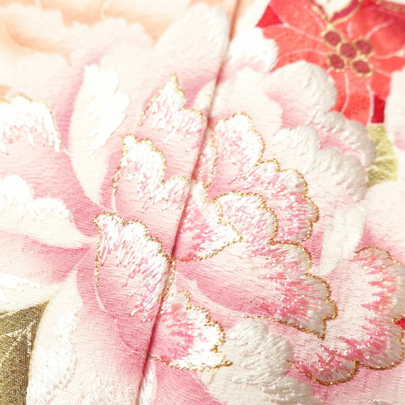 振袖 良品 綸子 正絹 刺繍 ラメ糸 金彩 花柄 袷仕立て 赤・朱_画像9