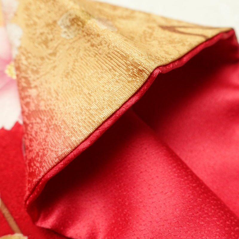 振袖 良品 綸子 正絹 刺繍 ラメ糸 金彩 花柄 袷仕立て 赤・朱_画像22