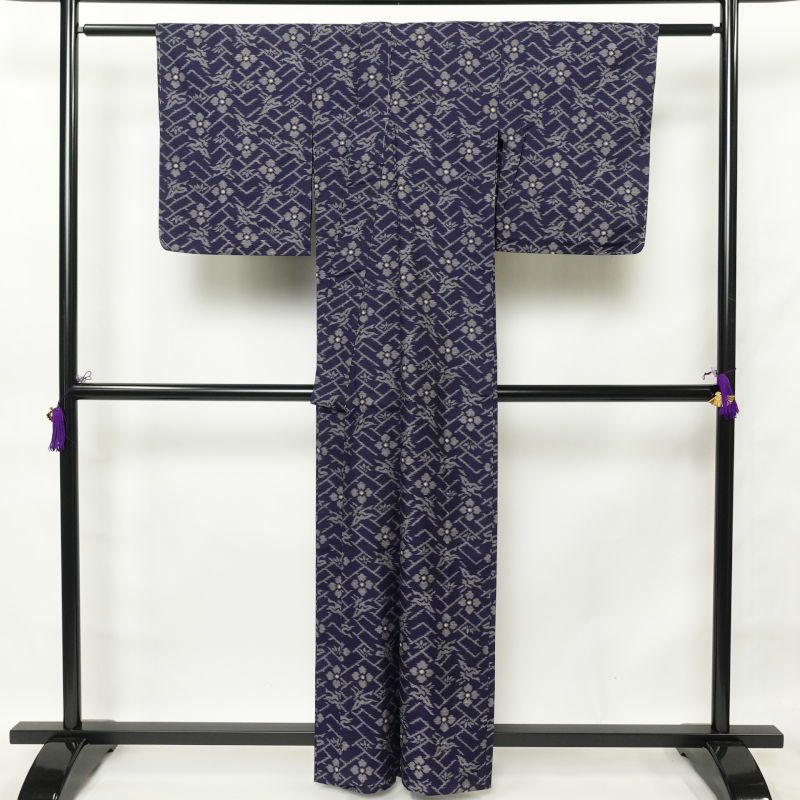 単衣 紬 正絹 肩当て 背伏せ付き 花柄 単衣仕立て 青・紺_画像2