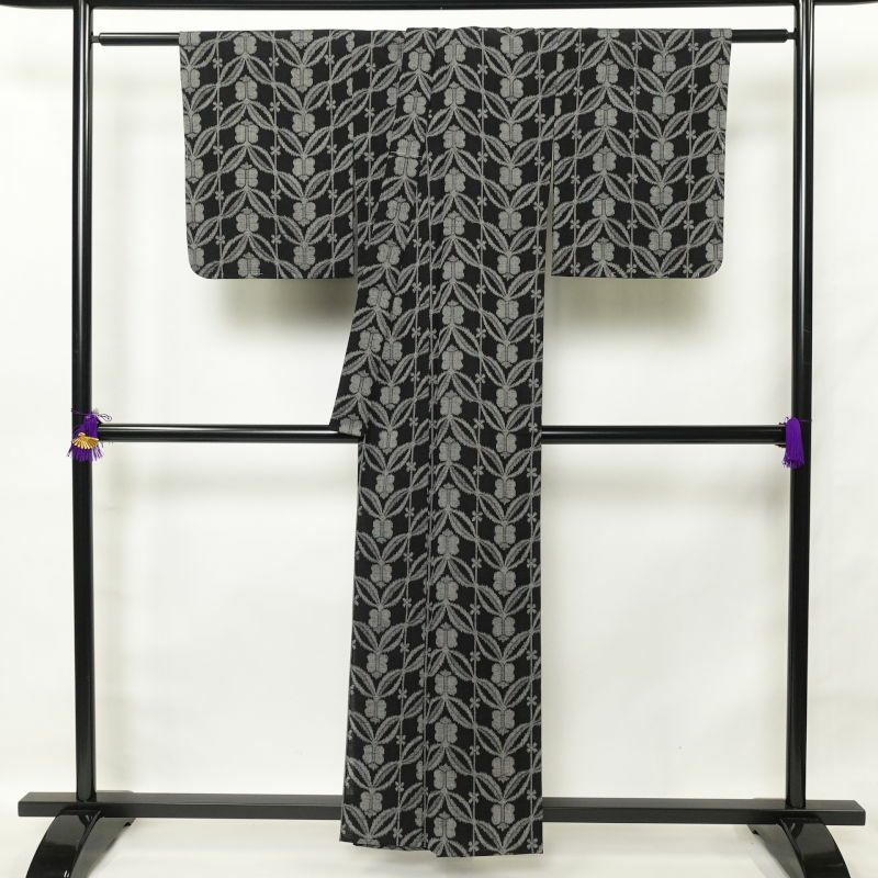 単衣 紬 正絹 幾何学柄・抽象柄 単衣仕立て 黒_画像2