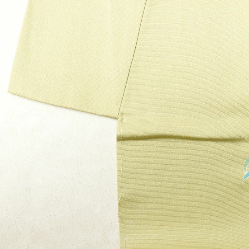 訪問着 しつけ糸付き 正絹 木の葉・植物柄 袷仕立て 緑・うぐいす色_画像14