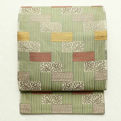 袋帯 唐織草木染 六通柄 一般用 正絹 幾何学柄・抽象柄 緑・うぐいす色