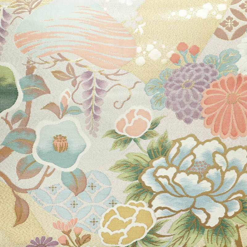 袋帯 六通柄 フォーマル用 正絹 金糸 芍薬 流水 梅 花柄 多色使い_画像2