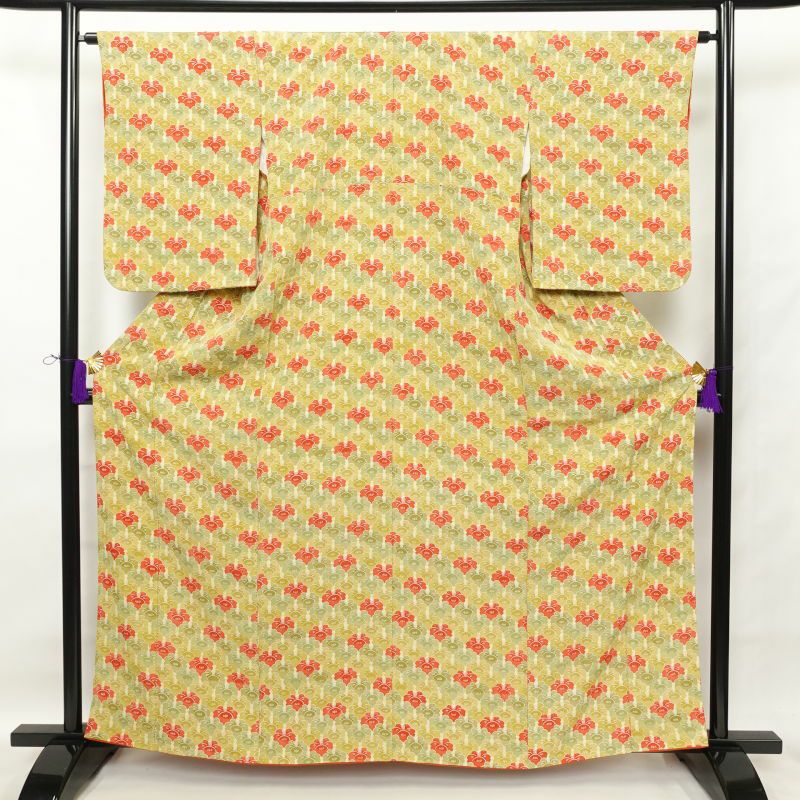 小紋 正絹 風景柄 袷仕立て ぼかし 黄・黄土色 身丈159cm 裄丈63.5cm 