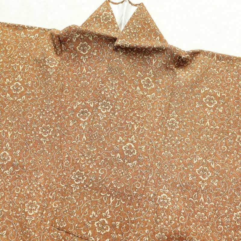 小紋 縮緬 総柄 正絹 木の葉・植物柄 袷仕立て 黄・黄土色_画像20