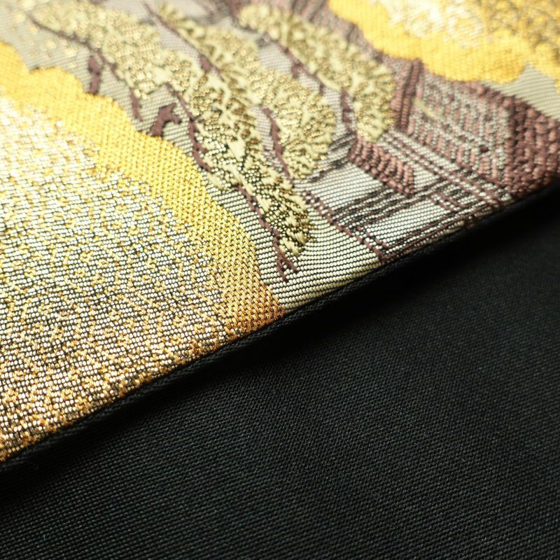 袋帯 六通柄 フォーマル用 金糸 正絹 風景柄 黒_画像17