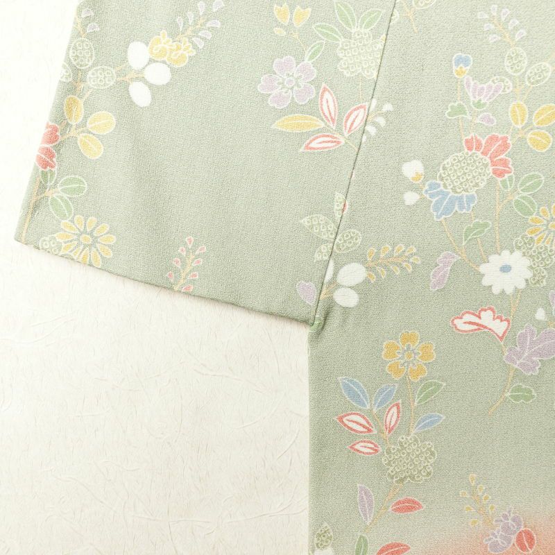 訪問着 良品 正絹 刺繍 金彩 花柄 袷仕立て 緑・うぐいす色_画像13