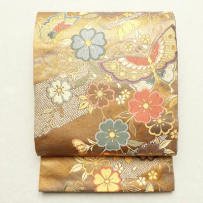 袋帯 六通柄 振袖用 正絹 蝶 花柄 黄・黄土色