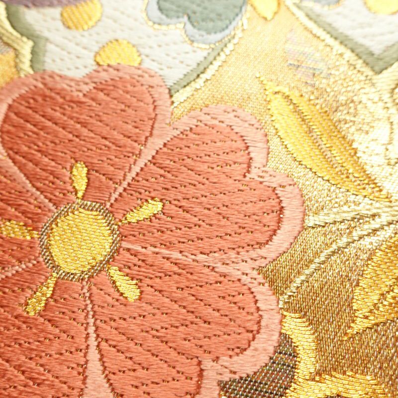 袋帯 六通柄 振袖用 正絹 蝶 花柄 黄・黄土色_画像6