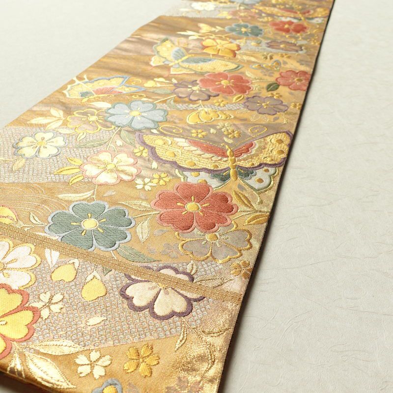 袋帯 六通柄 振袖用 正絹 蝶 花柄 黄・黄土色_画像15