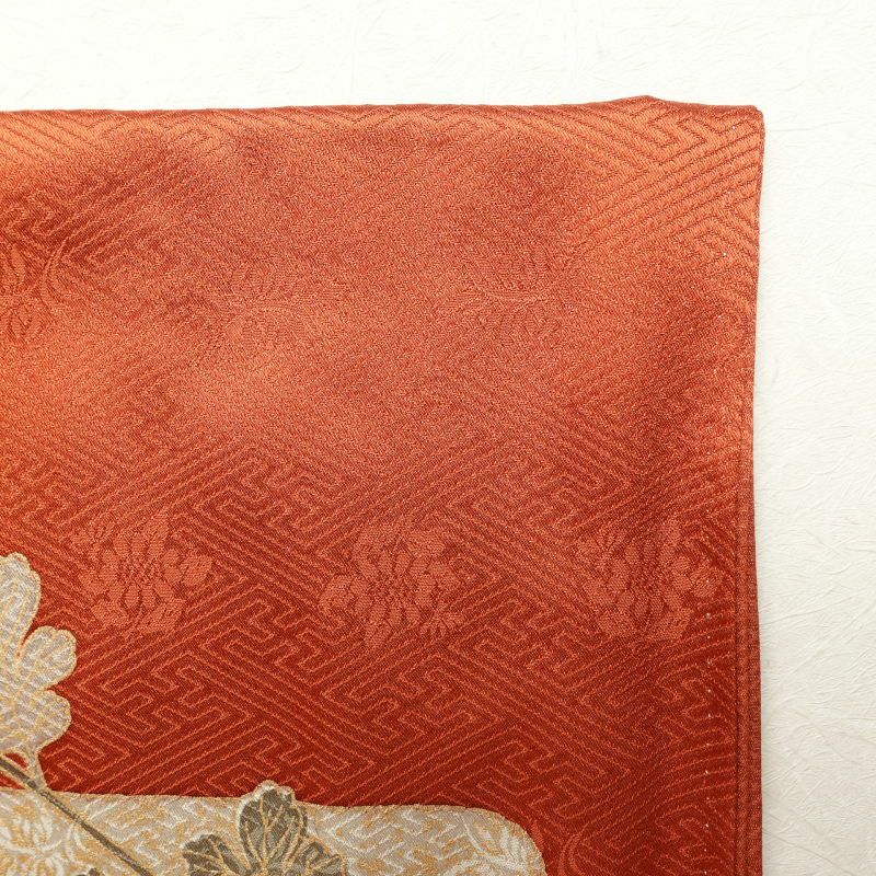 訪問着 良品 金駒刺繍 箔 共八掛 綸子 正絹 古典柄 袷仕立て 橙_画像17
