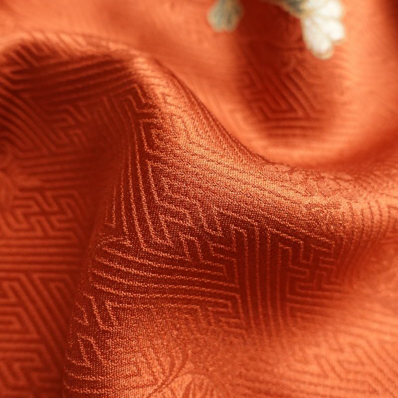 訪問着 良品 金駒刺繍 箔 共八掛 綸子 正絹 古典柄 袷仕立て 橙_画像36