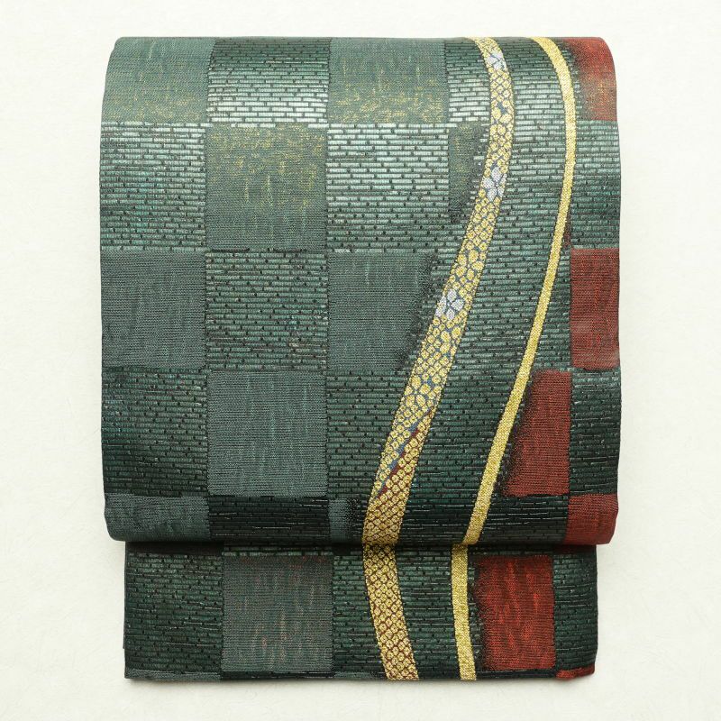 袋帯 六通柄 良品 西陣織 証紙あり フォーマル用 正絹 古典柄 緑・うぐいす色_画像1