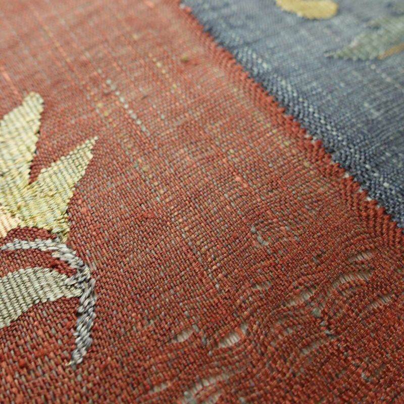 袋帯 太鼓柄 美品 漢方薬草染 手織 一般用 正絹 花柄 小豆・エンジ_画像8