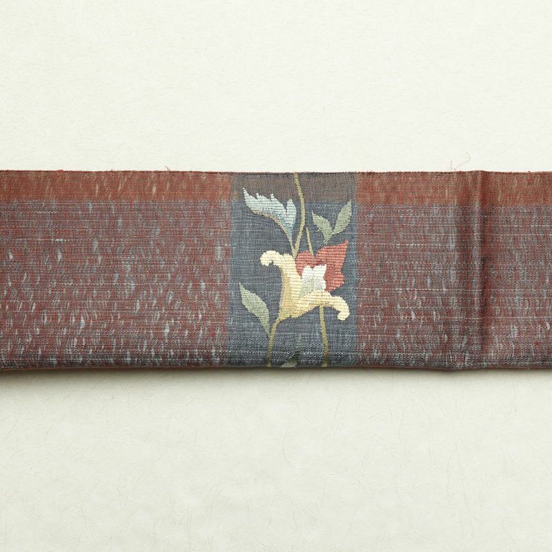 袋帯 太鼓柄 美品 漢方薬草染 手織 一般用 正絹 花柄 小豆・エンジ_画像21