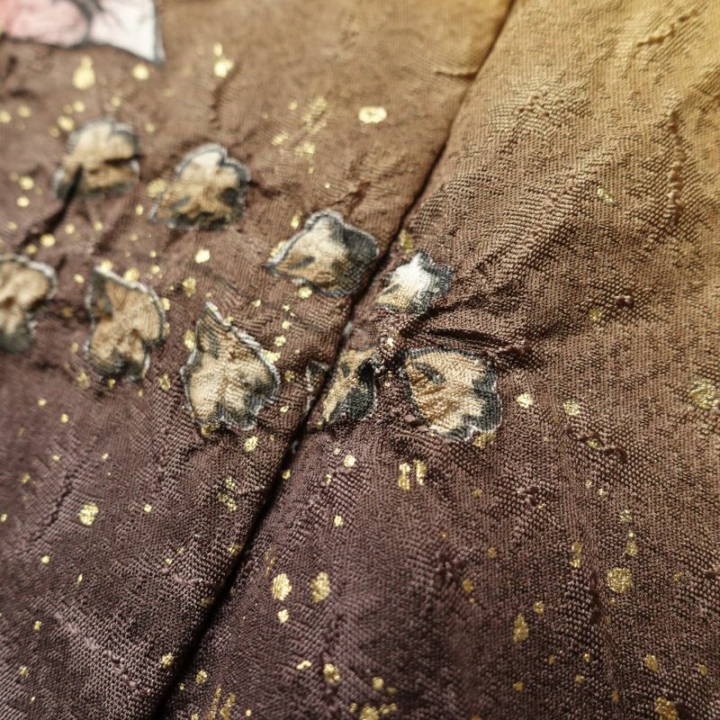 訪問着 辻が花 絞り 正絹 箔 花柄 袷仕立て 小豆・エンジ_画像10