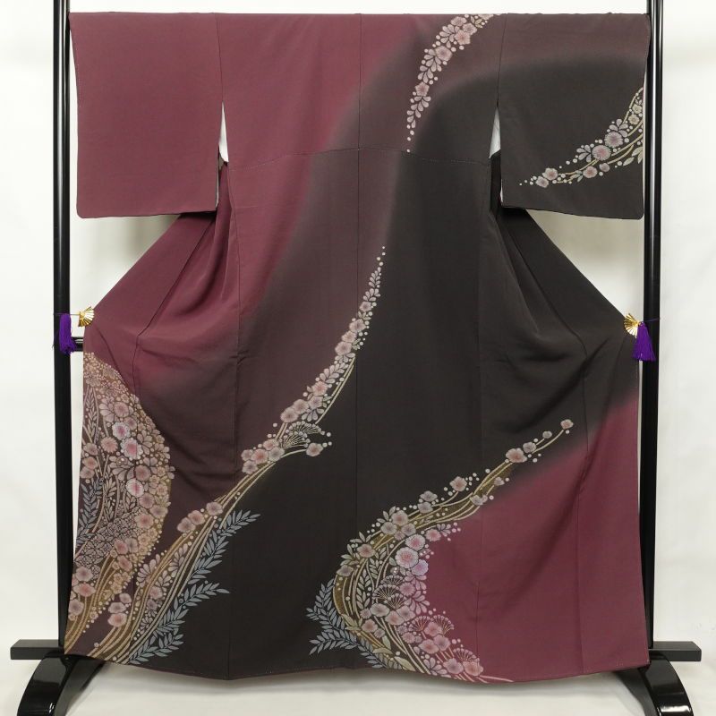 訪問着 縮緬 金彩 絞り風 正絹 花柄 袷仕立て 紫・藤色_画像1