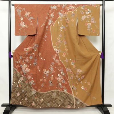 付け下げ 良品 混紡 花柄 袷仕立て 橙 身丈164cm 裄丈65.5cm | M(肩裄