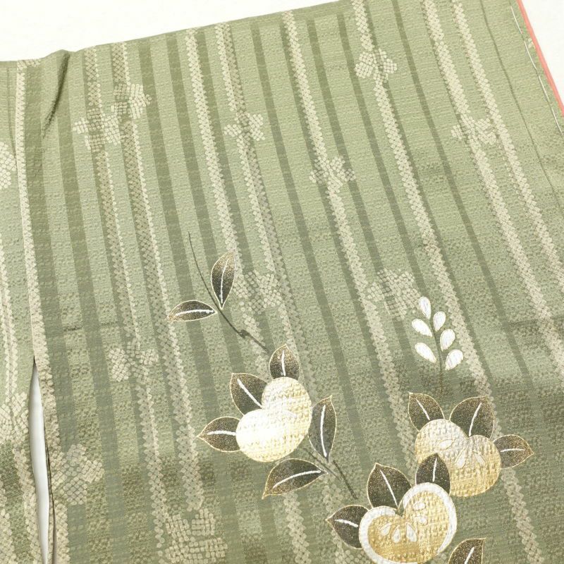 訪問着 しつけ糸付き 金駒刺繍 箔 正絹 花柄 袷仕立て 緑・うぐいす色_画像22