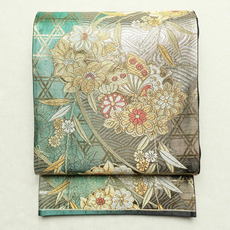 袋帯 六通柄 フォーマル用 正絹 古典柄 蝶 緑・うぐいす色 | 六通柄