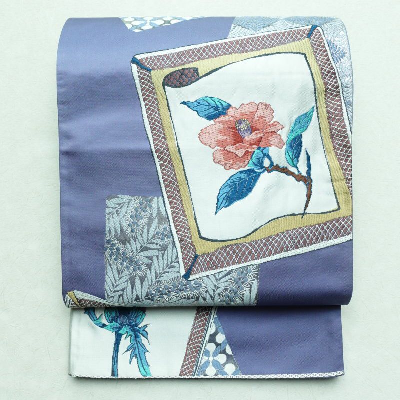 袋帯 六通柄 フォーマル用 正絹 花柄 椿 青・紺_画像1