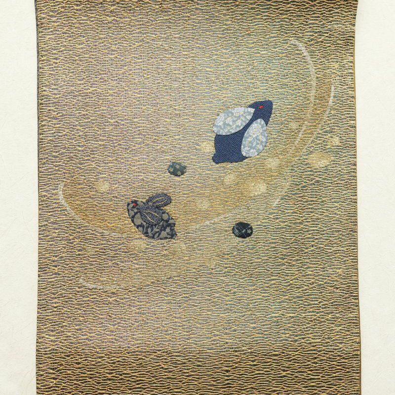 袋帯 太鼓柄 美品 刺繍 証紙あり 一般用 正絹 うさぎ 兎 人物・動物柄 黄・黄土色_画像12