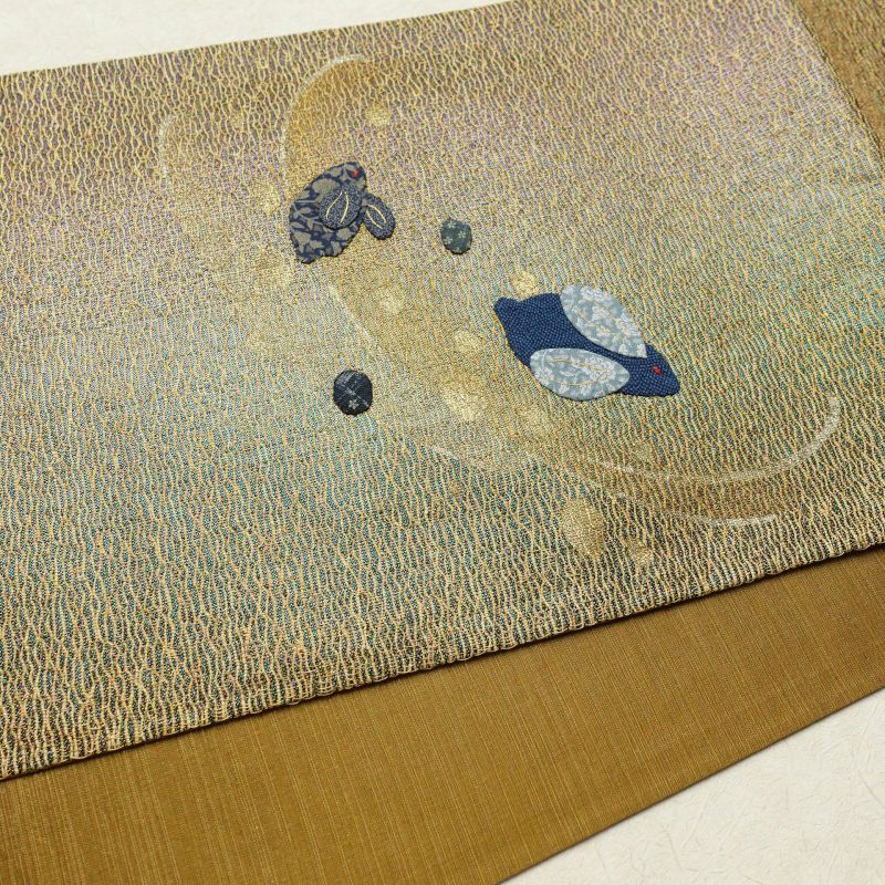 袋帯 太鼓柄 美品 刺繍 証紙あり 一般用 正絹 うさぎ 兎 人物・動物柄 黄・黄土色_画像18