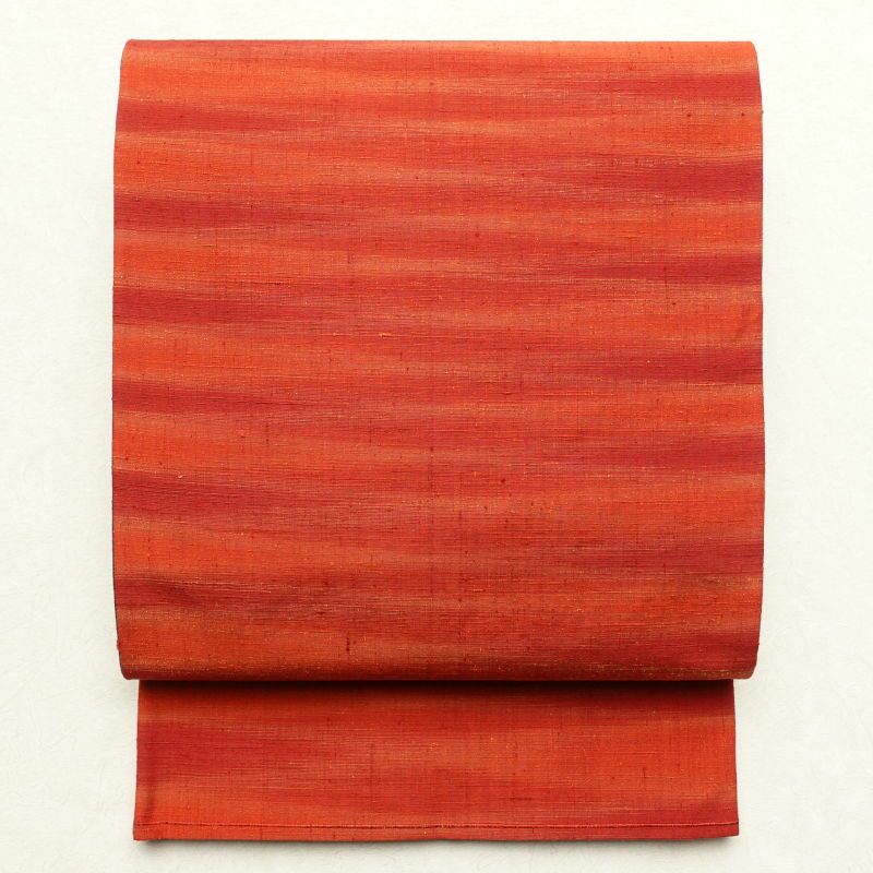 袋帯 紬 全通柄 美品 一般用 正絹 縞柄・線柄 赤・朱_画像1
