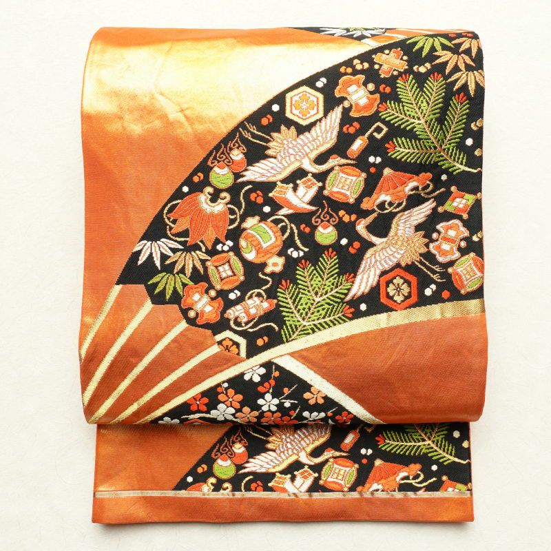 袋帯 六通柄 フォーマル用 正絹 扇子 古典柄 橙_画像1