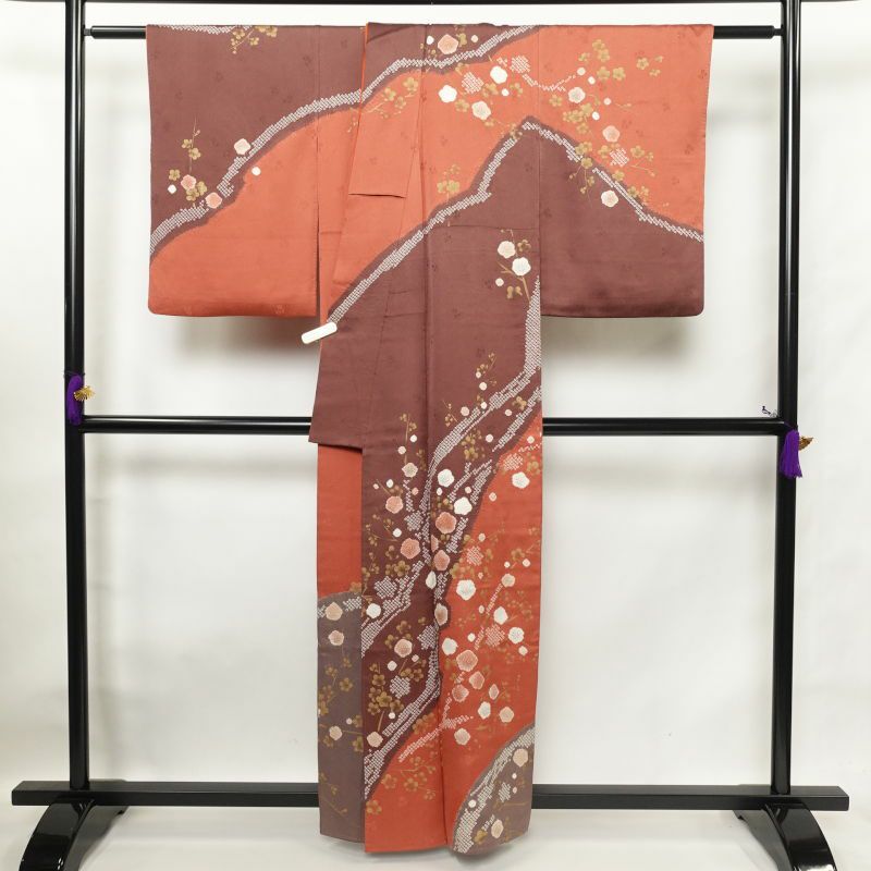 訪問着 良品 絞り 金彩 綸子 共八掛 正絹 古典柄 梅 袷仕立て 橙_画像2