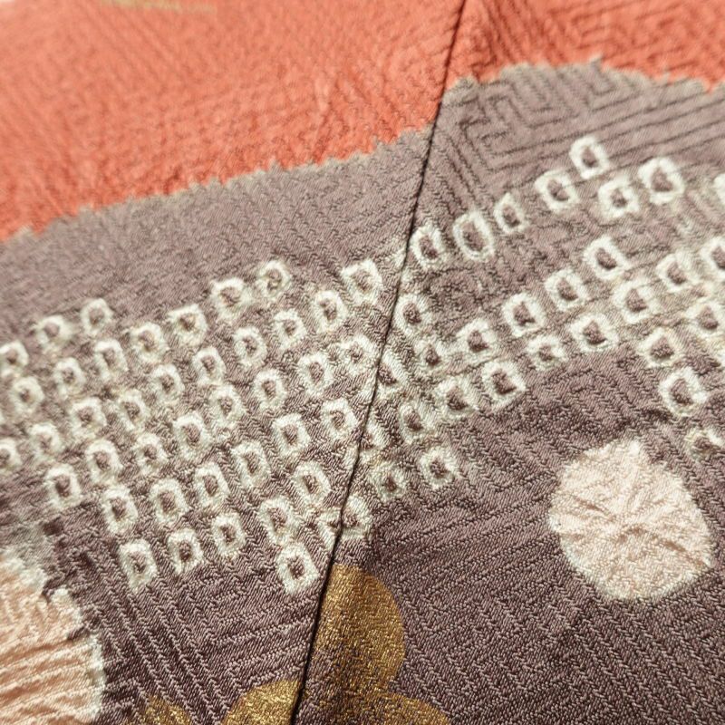 訪問着 良品 絞り 金彩 綸子 共八掛 正絹 古典柄 梅 袷仕立て 橙_画像10