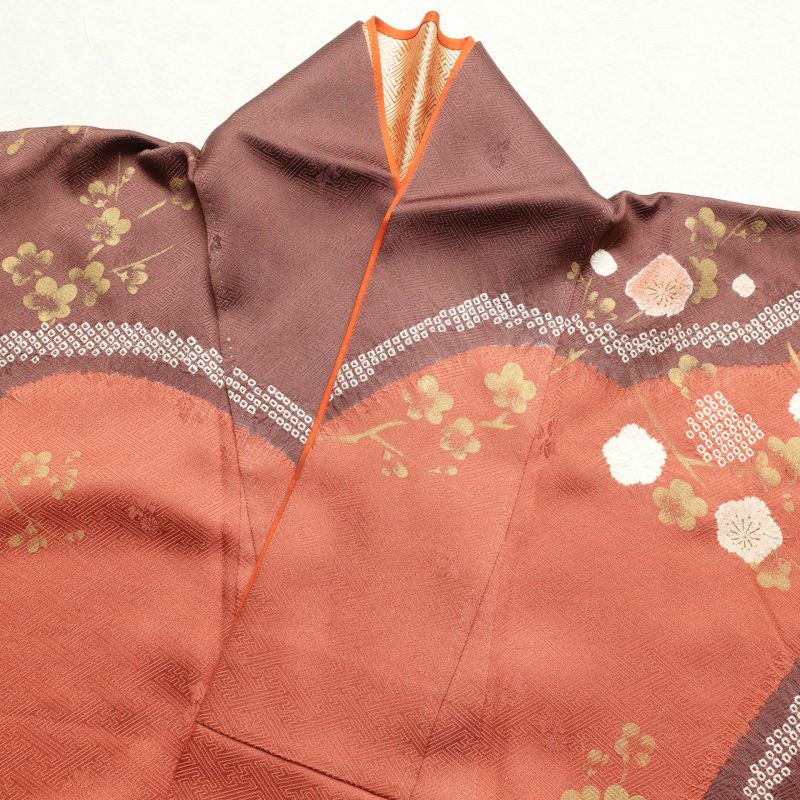 訪問着 良品 絞り 金彩 綸子 共八掛 正絹 古典柄 梅 袷仕立て 橙_画像25