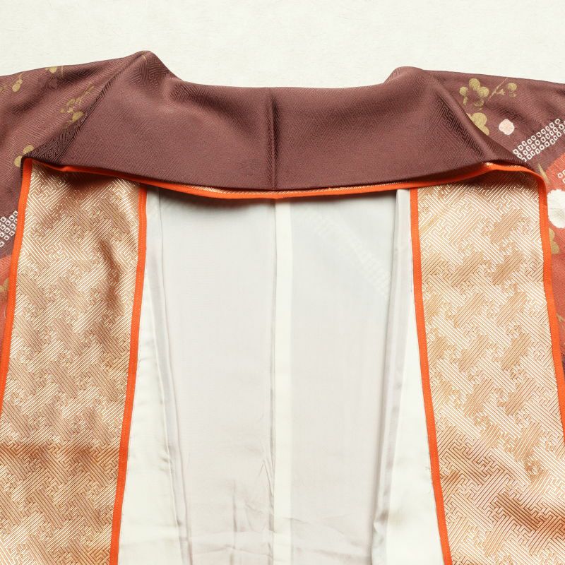 訪問着 良品 絞り 金彩 綸子 共八掛 正絹 古典柄 梅 袷仕立て 橙_画像30