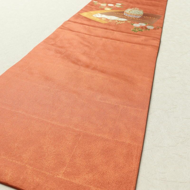 名古屋帯 太鼓柄 正絹 古典柄 菊 金糸 名古屋仕立て 橙_画像16
