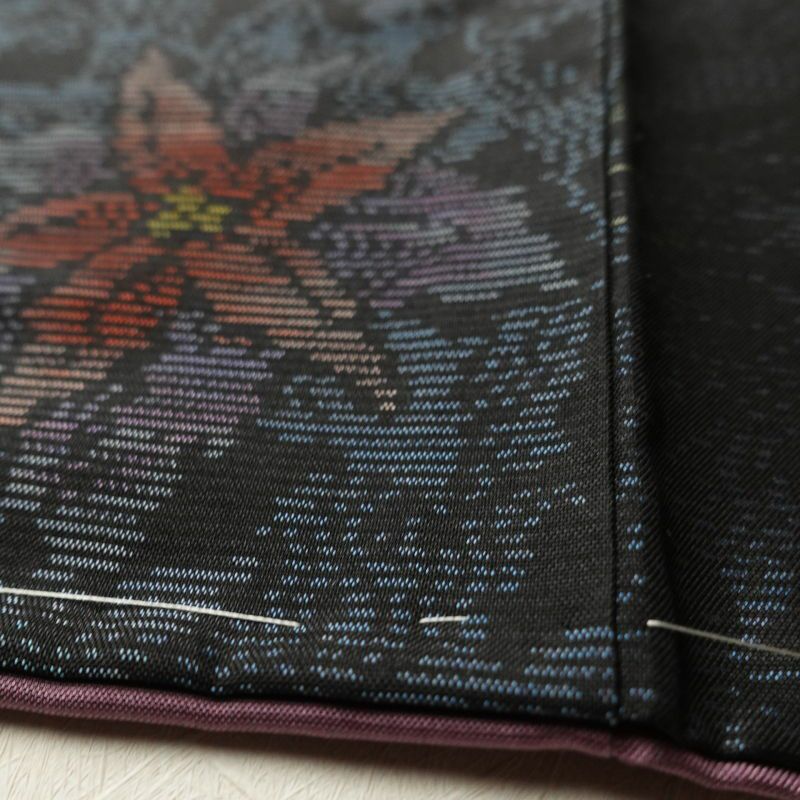 大島紬 良品 証紙なし しつけ糸付き 正絹 木の葉・植物柄 袷仕立て 黒_画像11