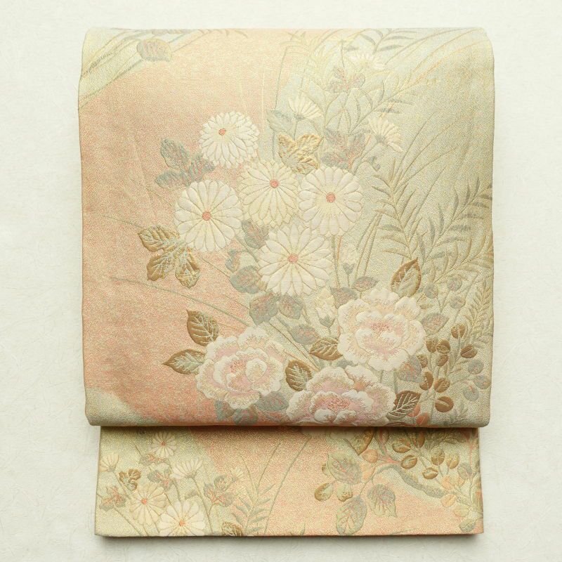 袋帯 ふくれ織 六通柄 良品 フォーマル用 正絹 花柄 橙_画像1