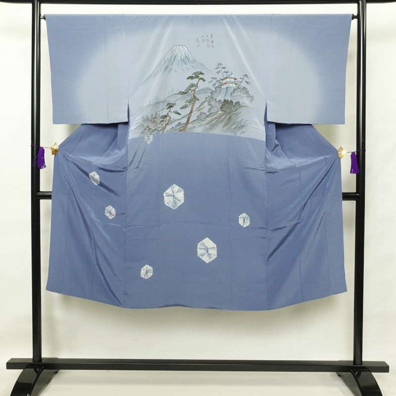 男性用 襦袢 良品 絞り 正絹 風景柄 袷仕立て 青・紺_画像1