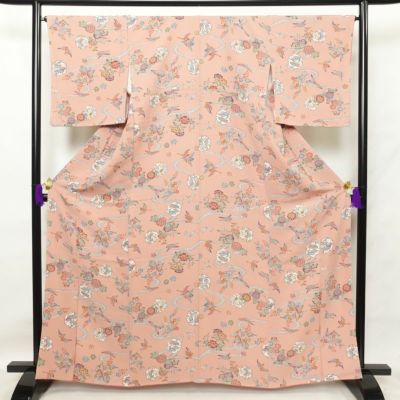 小紋 良品 縮緬 正絹 古典柄 小紋着物 身丈164cm 裄丈66.5cm 袷仕立て ピンク