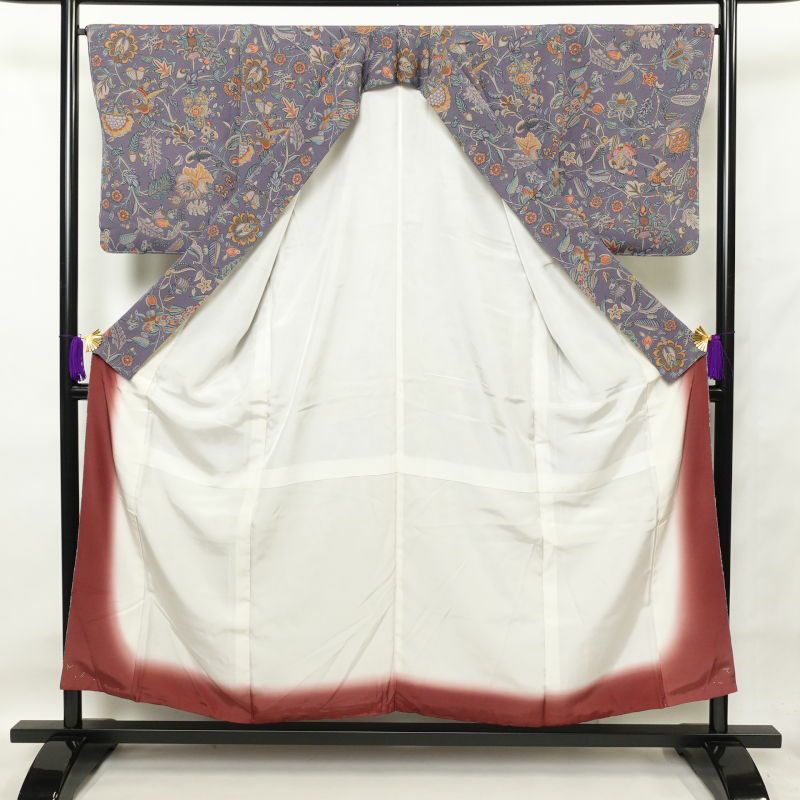 小紋 美品 しつけ糸付き 縮緬 正絹 幾何学柄・抽象柄 袷仕立て 紫・藤色_画像3