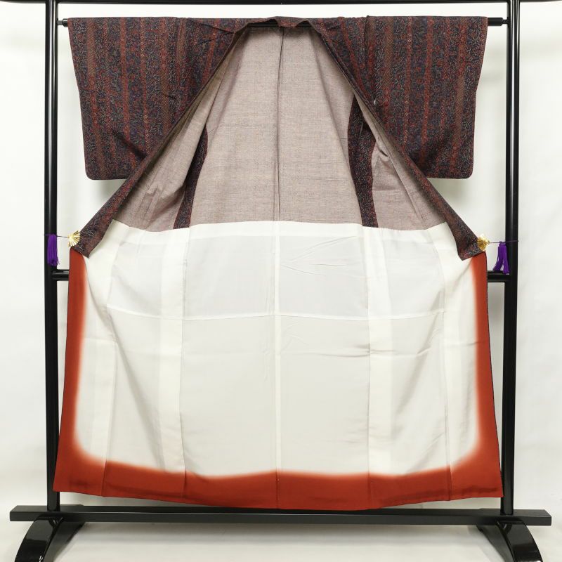 小紋 良品 正絹 紬地 小紋着物 花柄 袖無双・胴抜き 紫・藤色_画像3