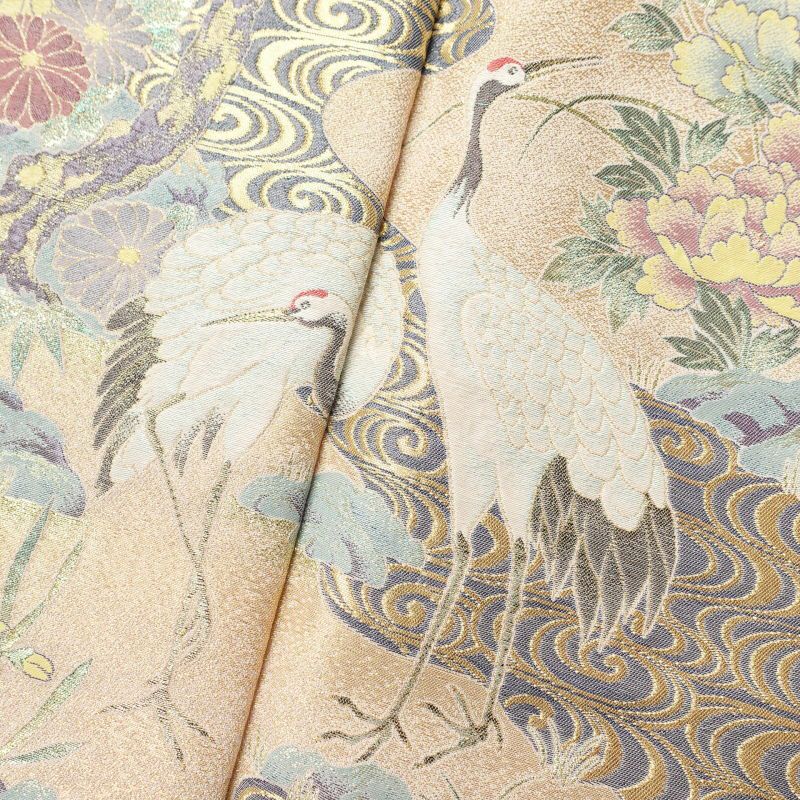 色留袖 美品 琳派祥鶴図 丹後ちりめん 金糸 刺繍 しつけ糸付き 正絹 古典柄 袷仕立て ピンク_画像6